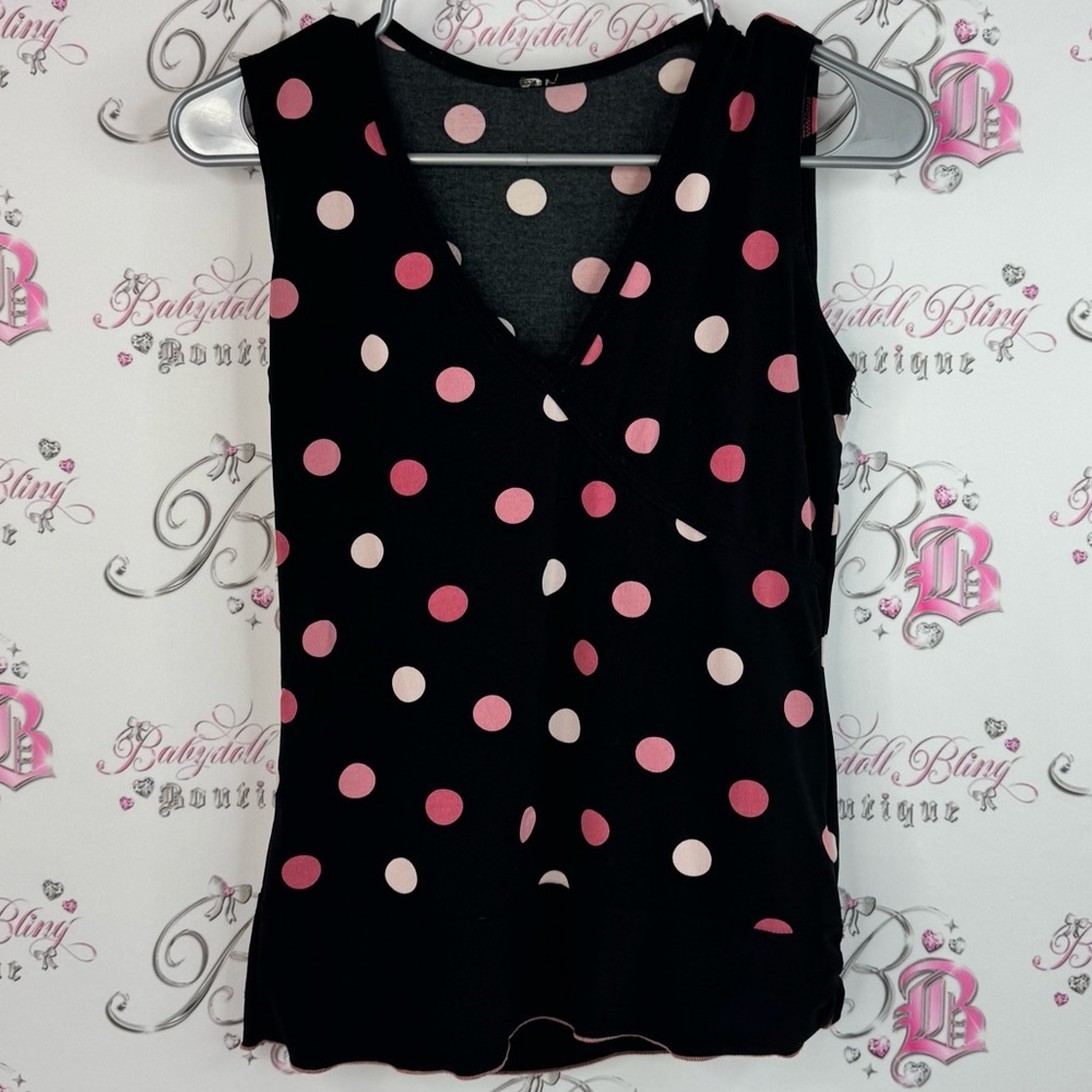 Polka Dot tank top y2k babydoll polka dot cute Sleeveless Top - Black and Pink